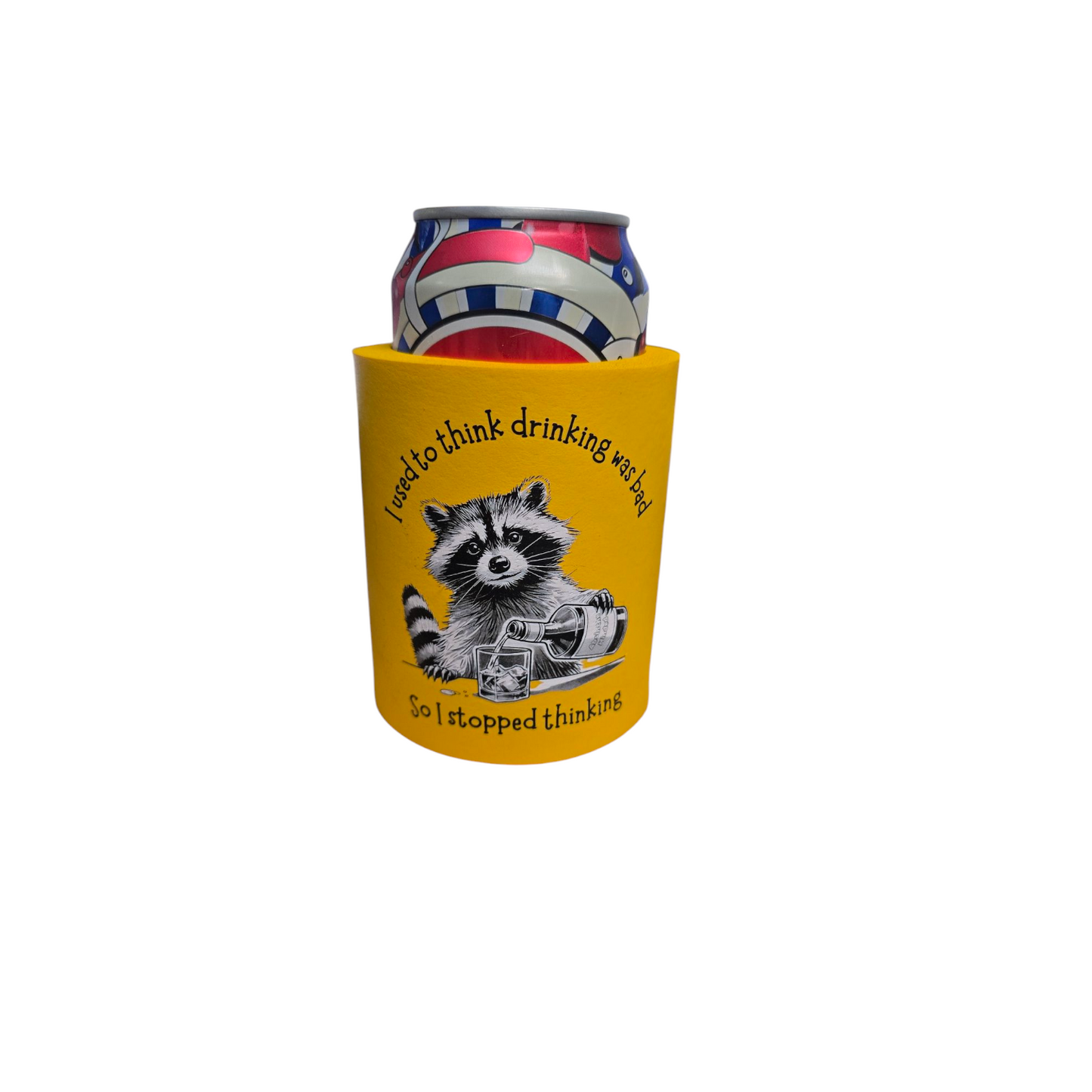 Funny Raccoon Can Cooler Koozie, Yellow Neoprene Drink Holder with Humorous Quote