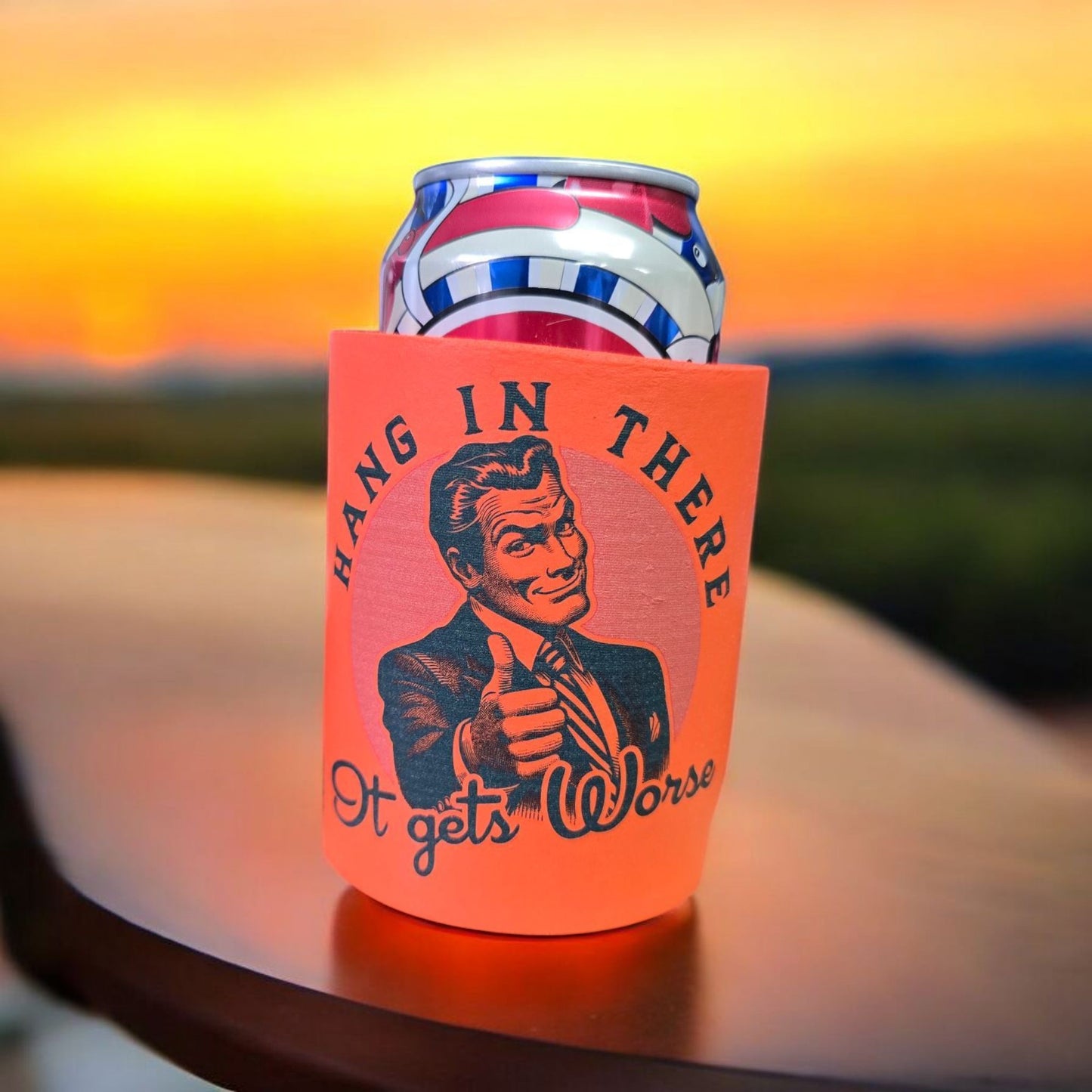 Retro Neoprene Can Cooler Koozie, Hang In There Design, Orange, Funny Vintage Style Drink Holder
