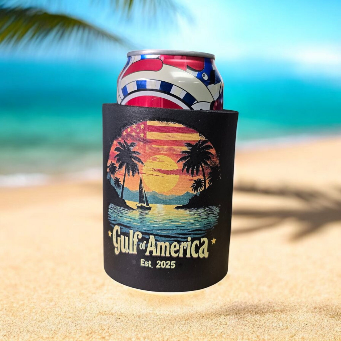 Gulf of America Beach Sunset Can Koozie, Neoprene Drink Holder with Palm Trees Design, Est. 2025, Black