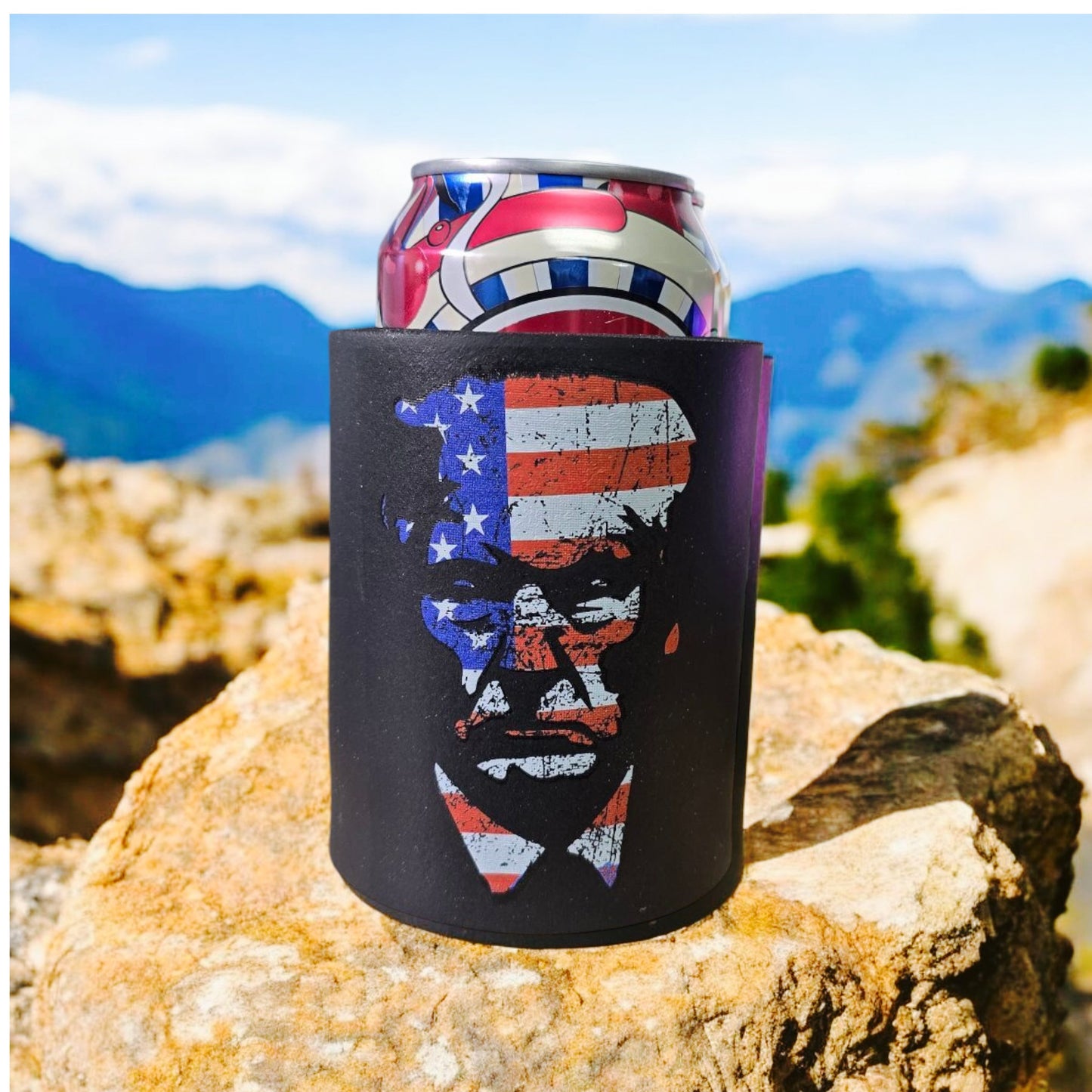 Patriotic Trump American Flag Can Koozie, Black Neoprene Drink Holder, Insulated Beverage Sleeve