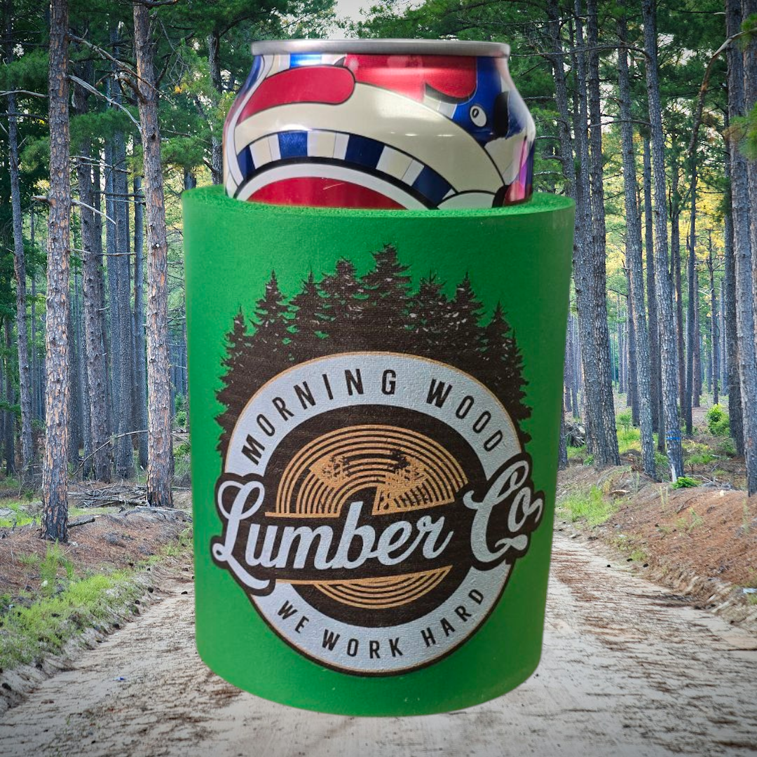 Morning Wood Lumber Co. Neoprene Can Koozie, Green Forest Design, Insulated Beverage Holder