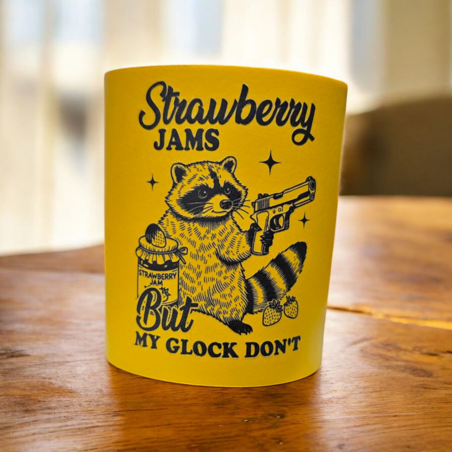 Funny Raccoon Can Cooler Koozie, Yellow Neoprene Drink Holder with Strawberry Jam Quote